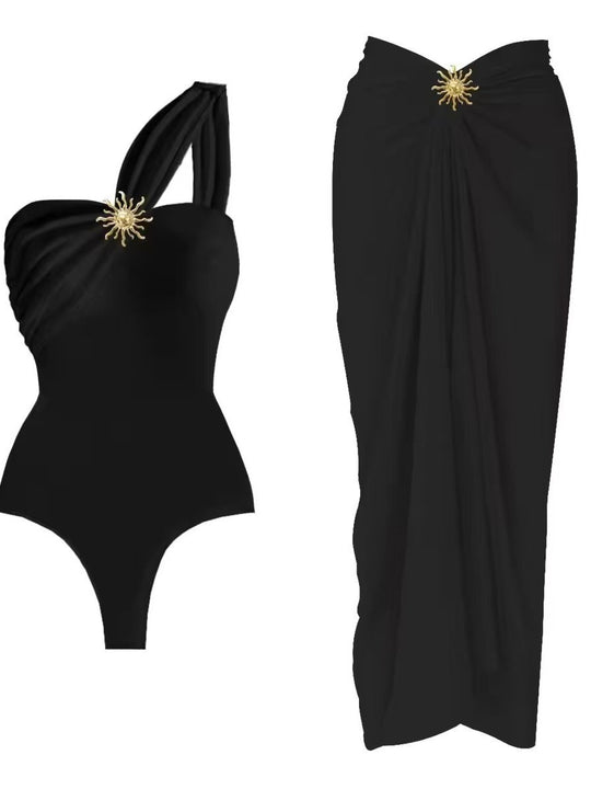 Damen einseitiger Badeanzug mit elegantem Wickelrock EB