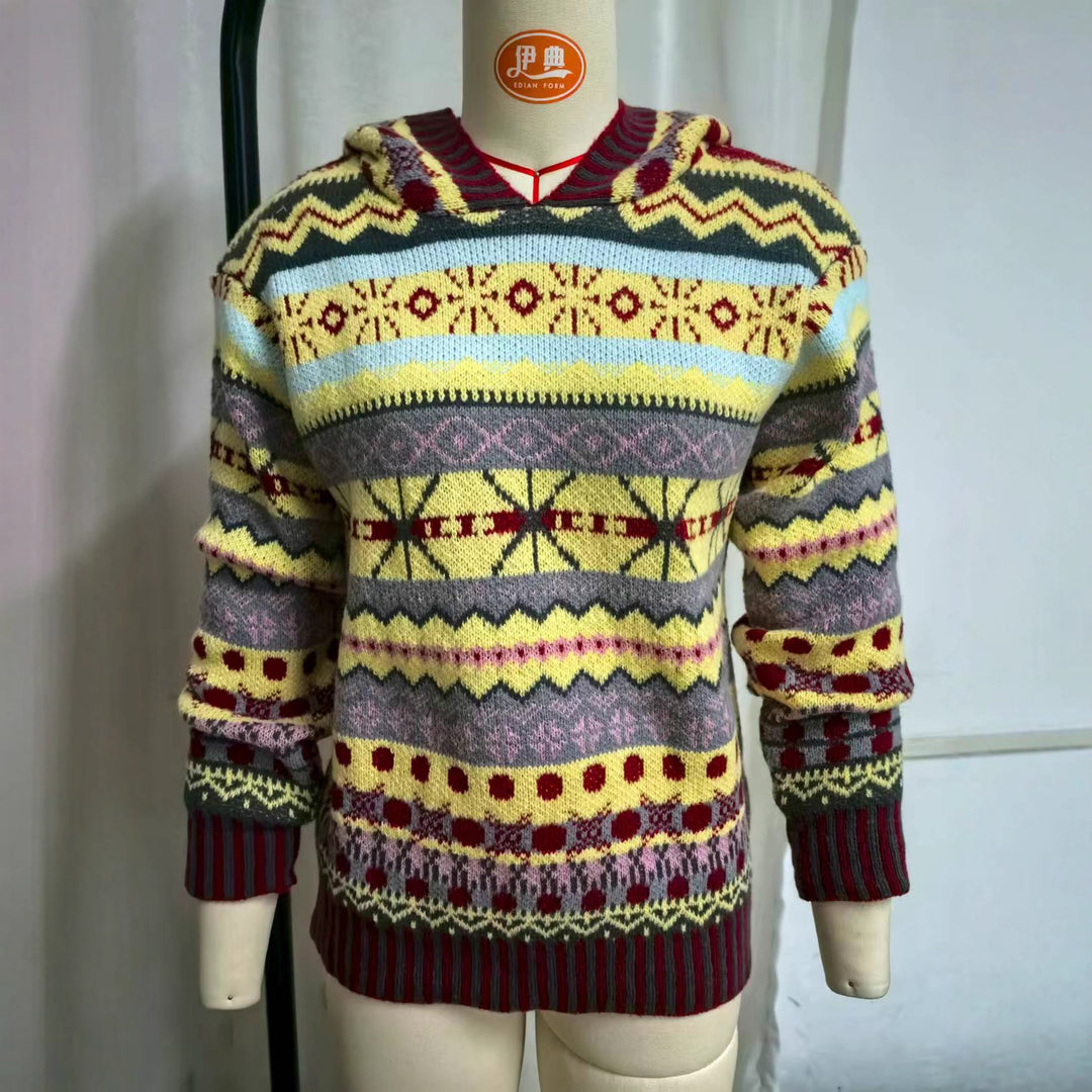 Damen nan oversized Strickkapuzenpullover mit Norwegermuster, gefütterter Kapuze und gerippten Bündchen EB