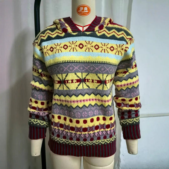 Damen nan oversized Strickkapuzenpullover mit Norwegermuster, gefütterter Kapuze und gerippten Bündchen EB