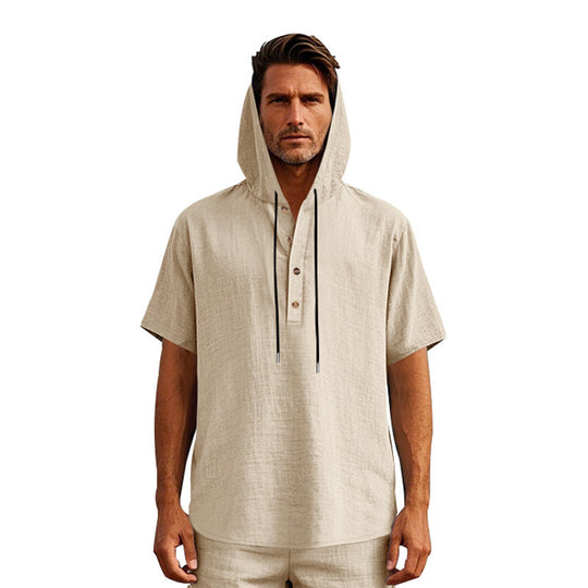 EB | Leinen-Knopf-Strand-Kapuzen-Henley-Shirt