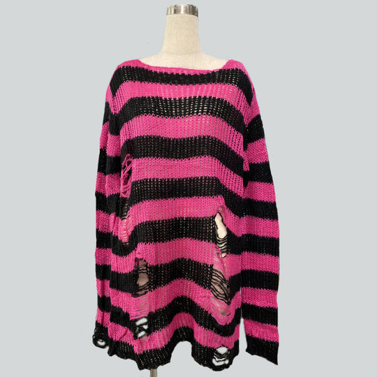 Damen nan Oversized Grobstrickpullover mit breiten Blockstreifen und aufgerissenem Design EB