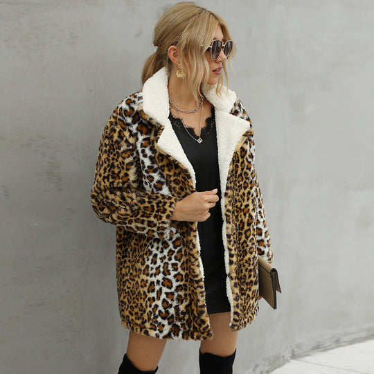 Damen Kunstfelljacke mit modischem Leopardenmuster und weichem Innenfutter EB
