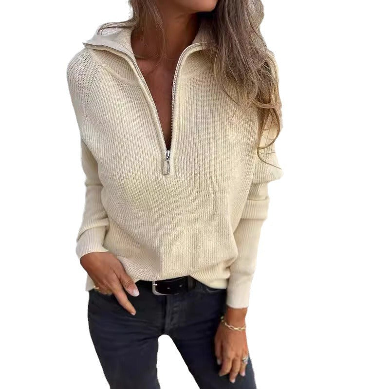 Damen Sportlicher Strickpullover mit Stehkragen und Reißverschluss EB
