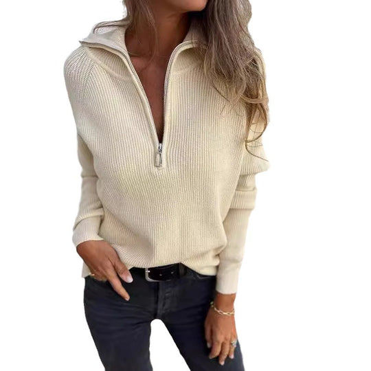Damen Sportlicher Strickpullover mit Stehkragen und Reißverschluss EB