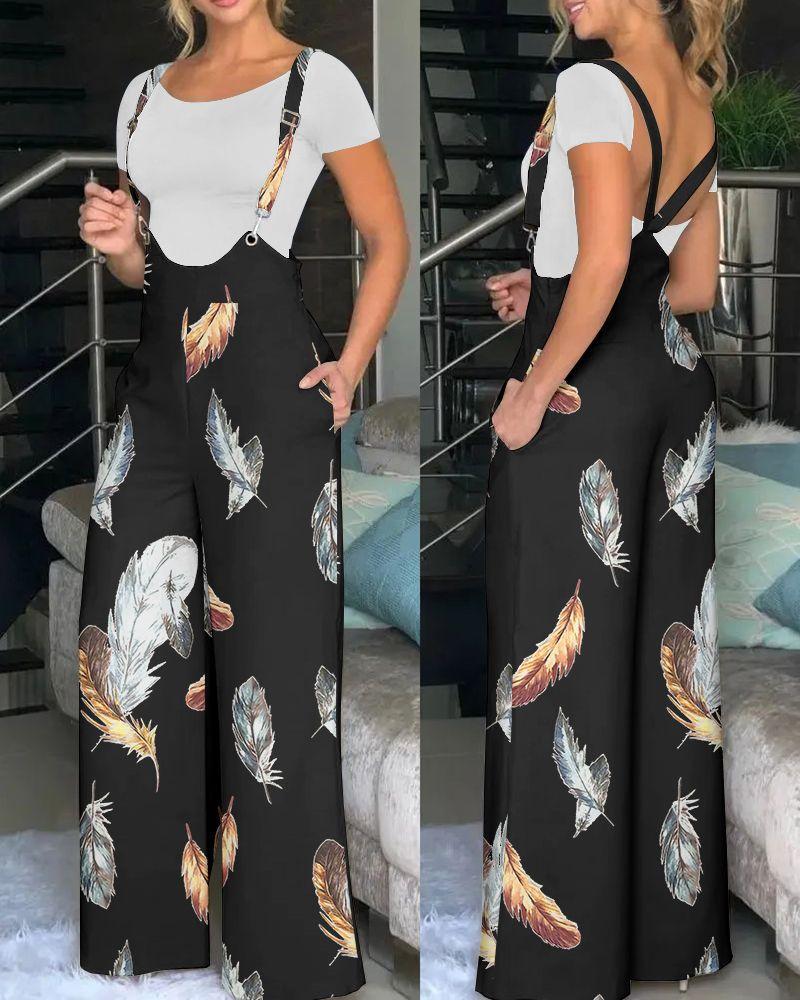 Damen modische Latzhose mit weitem Bein und buntem Grafikdesign EB