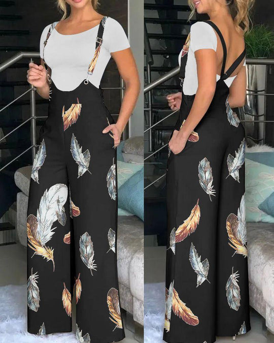 Damen modische Latzhose mit weitem Bein und buntem Grafikdesign EB