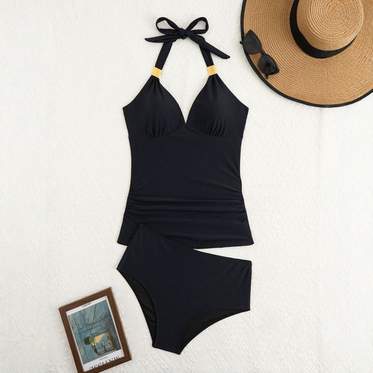 Damen eleganter Badeanzug mit raffiniertem V-Ausschnitt und goldenen Details EB