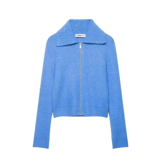 Damen nan kurz geschnittene Strickjacke mit Reißverschluss, breitem Umlegekragen und Rippbund EB