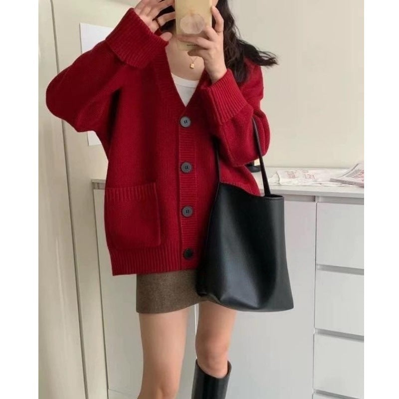 Damen Grob gestrickter Cardigan mit großen Taschen und tiefem V-Ausschnitt EB
