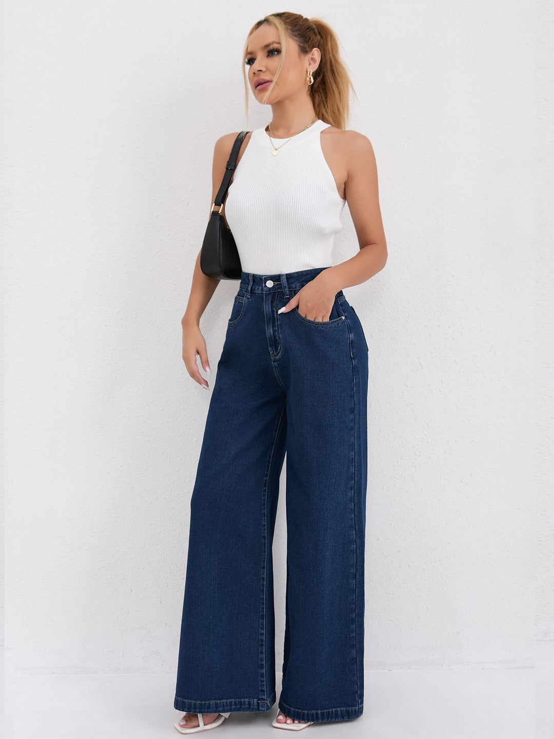 Damen Weite Denim-Jeans mit hoch tailliertem Schnitt und trendigen Details EB