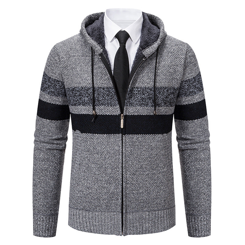 Herren nan gefütterte Kapuzen-Strickjacke mit Teddyfutter, durchgehendem Reißverschluss und kontrastierenden Streifen EB