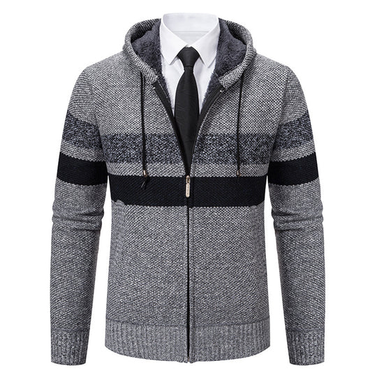 Herren nan gefütterte Kapuzen-Strickjacke mit Teddyfutter, durchgehendem Reißverschluss und kontrastierenden Streifen EB