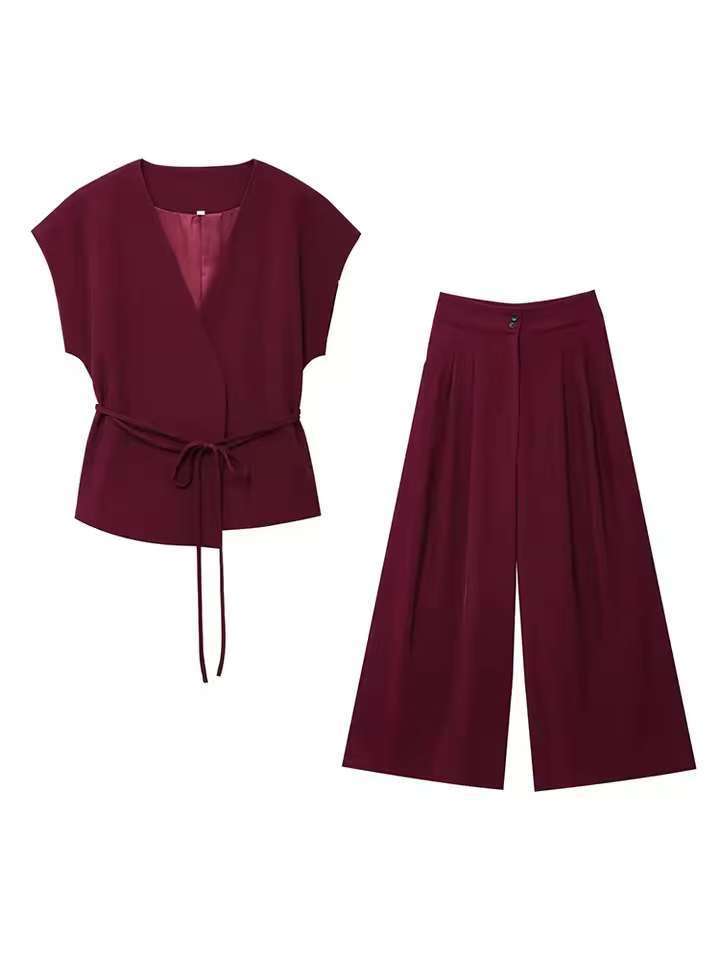 Damen elegantes Wickeloberteil und weite Palazzo-Hose Set EB