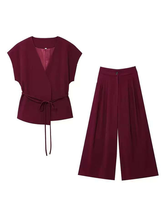 Damen elegantes Wickeloberteil und weite Palazzo-Hose Set EB