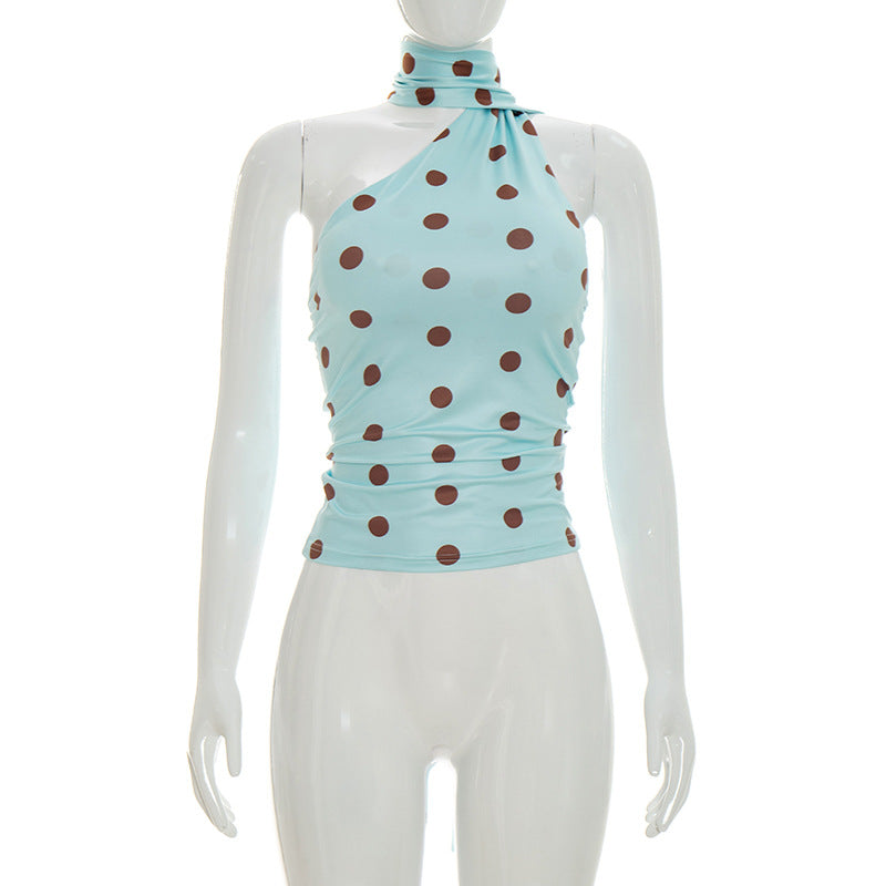 Damen asymmetrisches Oberteil mit verspieltem Punktmuster und elegantem Knoten EB