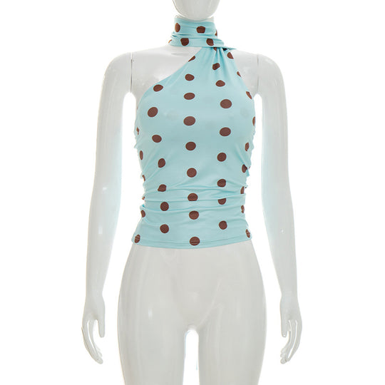 Damen asymmetrisches Oberteil mit verspieltem Punktmuster und elegantem Knoten EB