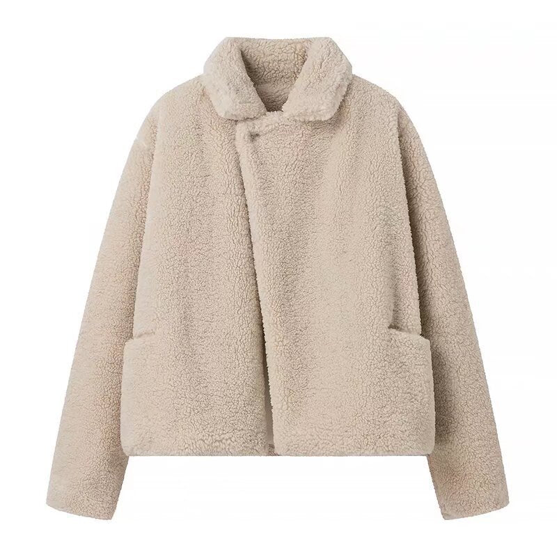 Damen nan kurze Teddyfelljacke mit Reverskragen, gefüttertem Innenfutter und aufgesetzten Taschen EB
