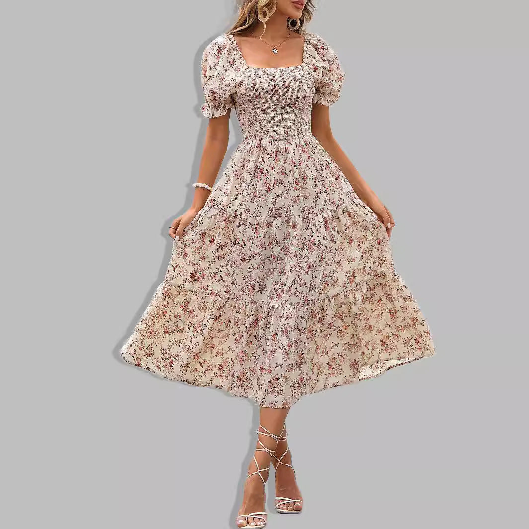 Damen romantisches Midikleid mit Puffärmeln und floralem Design EB