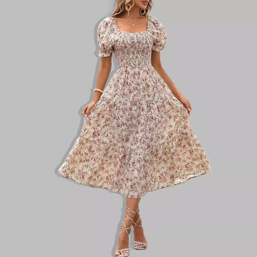 Damen romantisches Midikleid mit Puffärmeln und floralem Design EB