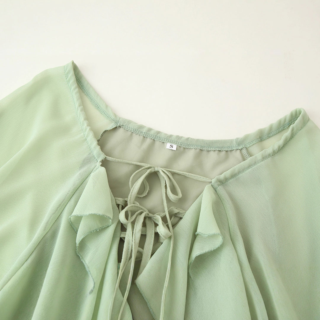 Damen Rüschen-Maxikleid mit eleganten Bindebändern und lässiger Passform EB