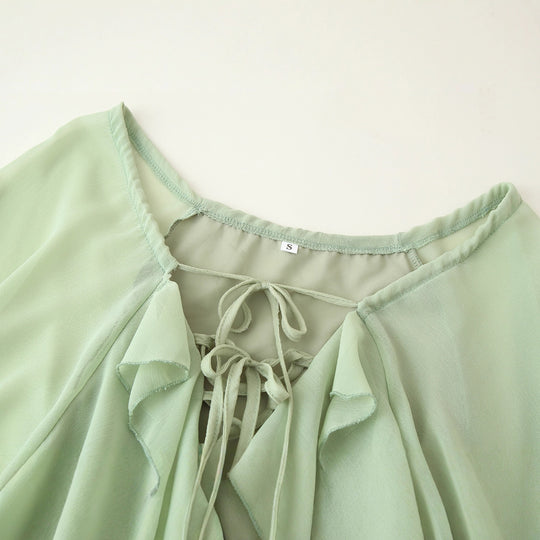 Damen Rüschen-Maxikleid mit eleganten Bindebändern und lässiger Passform EB