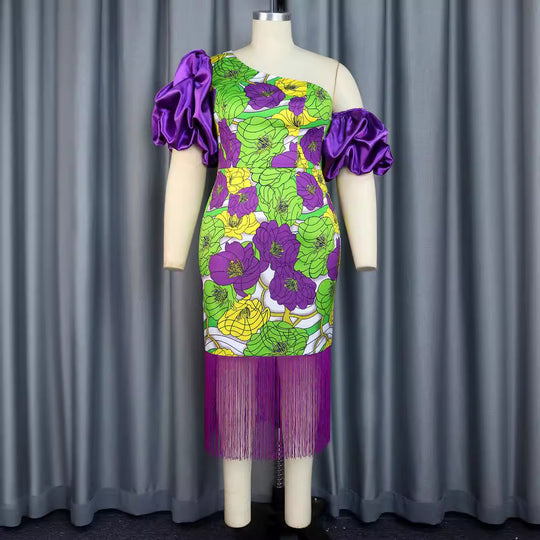 Damen Elegantes Schulterfreies Kleid mit voluminösen Puffärmeln und Fransen EB