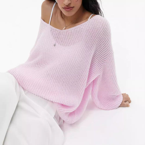 Damen lässiger Strickpullover mit weiten Ärmeln und tiefem V-Ausschnitt EB