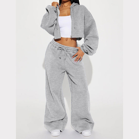 Damen nan Kapuzen-Crop-Top und weite Jogginghose Lounge-Set aus weichem Fleece EB