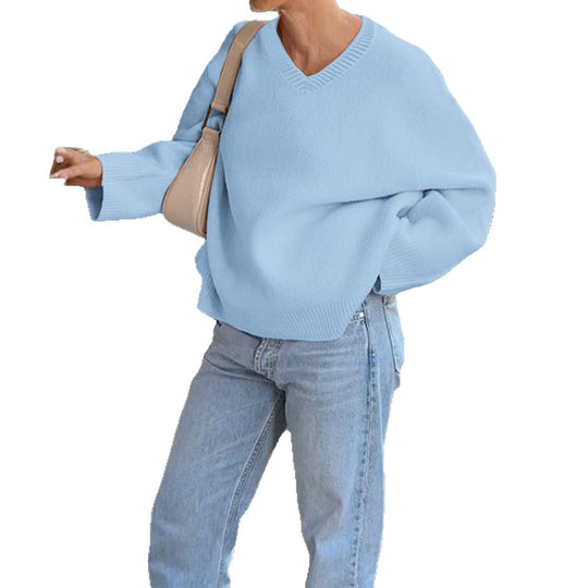 Damen nan oversized V-Ausschnitt Feinstrickpullover mit überschnittener Schulter, langen Kimonärmeln und breitem Rippbund EB