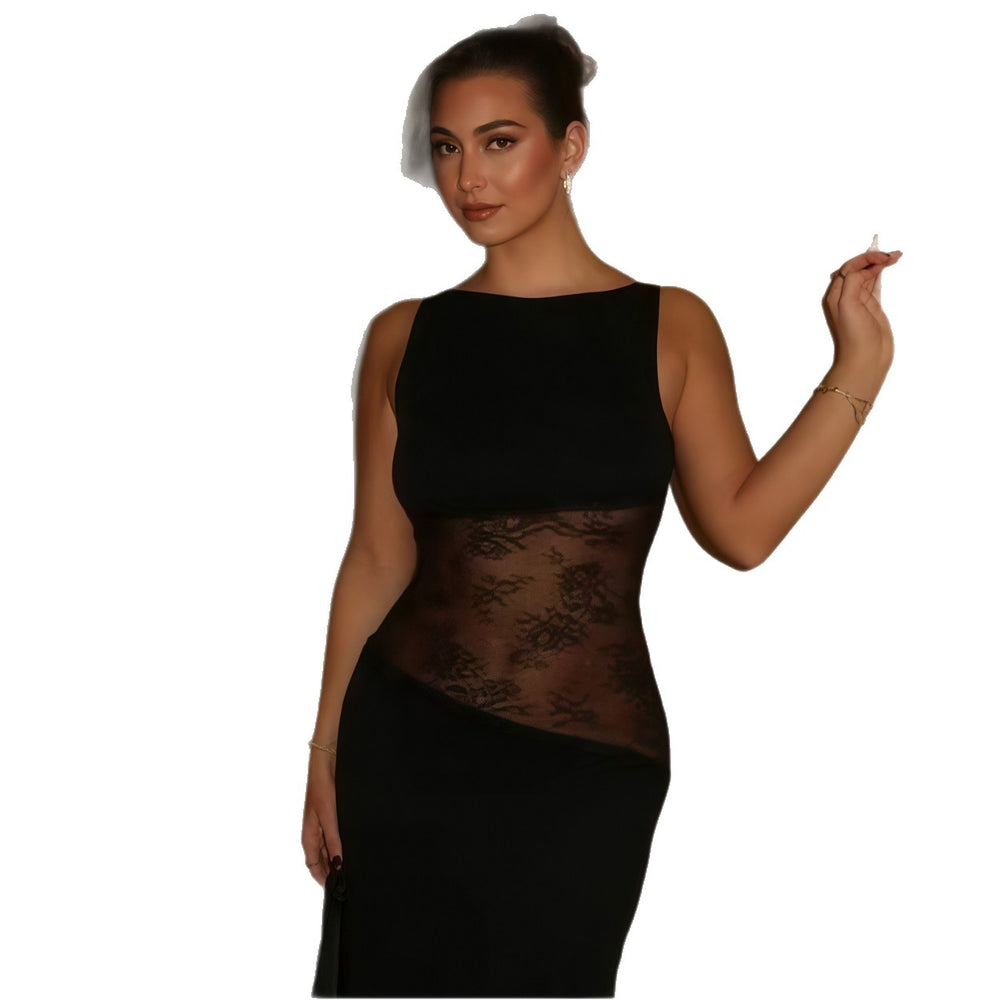 Damen Elegantes Maxikleid mit transparentem Blumenmuster EB
