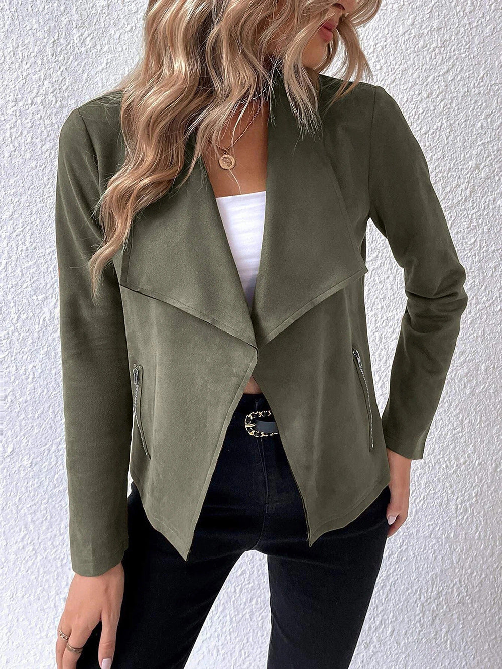 Damen elegante Veloursjacke mit asymmetrischem Revers und Reißverschlusstaschen EB