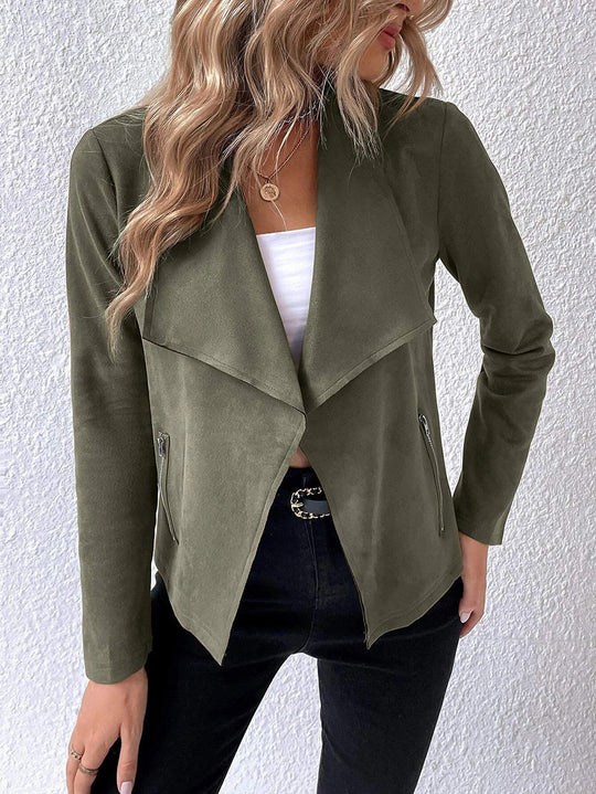 Damen elegante Veloursjacke mit asymmetrischem Revers und Reißverschlusstaschen EB