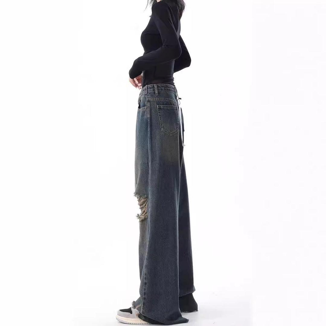 Damen Weite High-Waist Jeans im lässigen Used-Look mit modischen Rissen EB