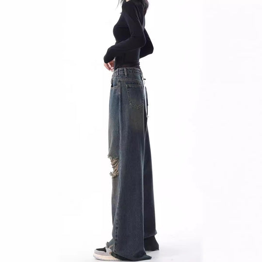 Damen Weite High-Waist Jeans im lässigen Used-Look mit modischen Rissen EB