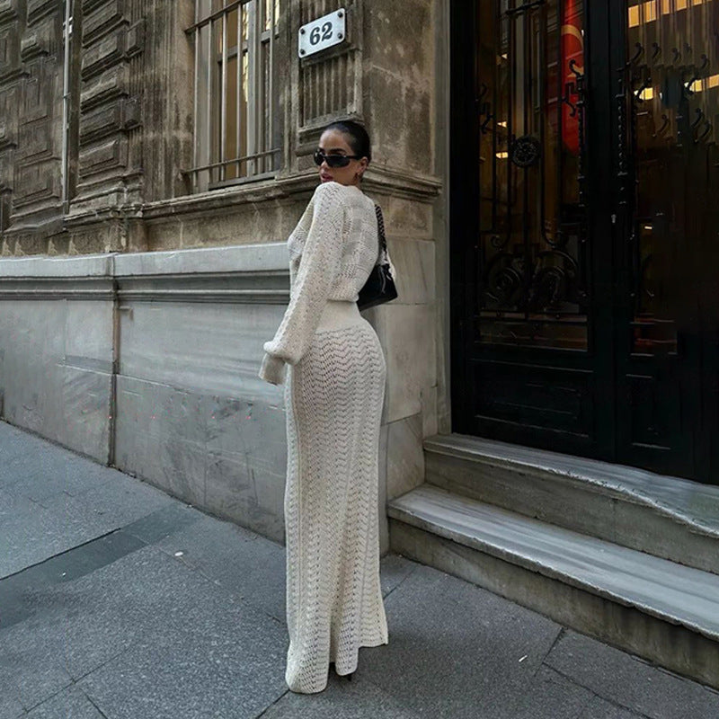 Damen elegantes gehäkeltes Maxikleid mit tiefem V-Ausschnitt EB