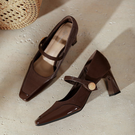 Damen Elegante Mary Jane Pumps mit modischem Riemen und glänzendem Absatz EB