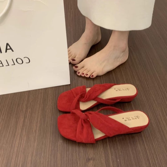 Damen modische Fleece-Pantoletten mit elegantem Schleifendesign EB