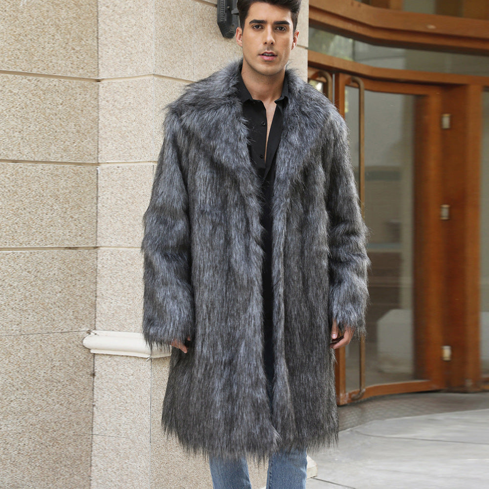 Herren Eleganter Kunstpelz-Mantel mit breitem Kragen und Relaxed Fit EB