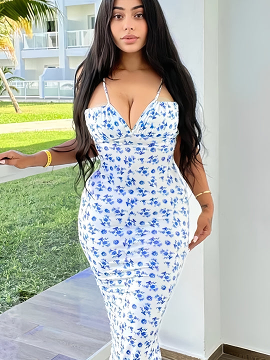 Damen Blumenmuster Maxikleid mit Figurbetontem Schnitt und Spaghetti-Trägern EB