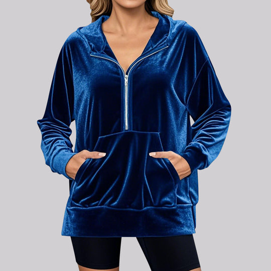 Damen Lässiger Velvet Hoodie mit praktischem Reißverschluss und Kängurutasche EB