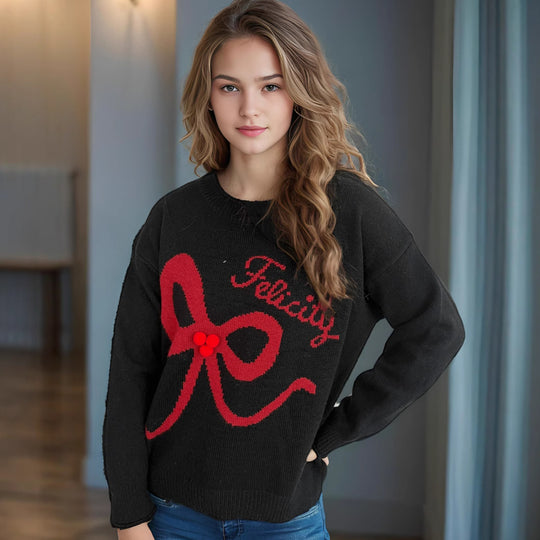 Damen kuscheliger Pullover mit verspielt gestalteter Schleifenapplikation EB