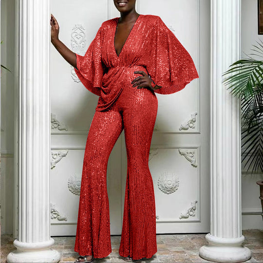 Damen Glamouröser Jumpsuit mit funkelnden Pailletten und weitem Bein EB
