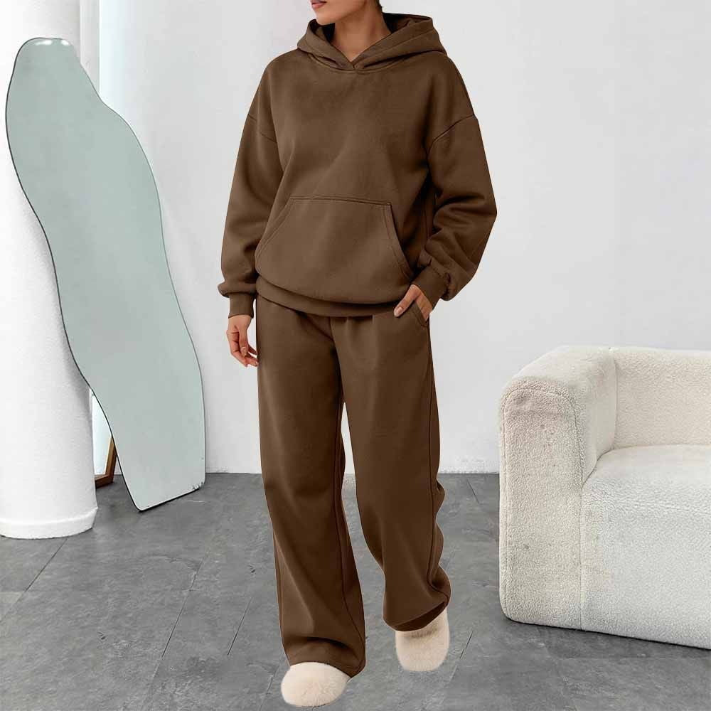 Damen nan zweiteiliges Freizeit-Lounge-Set mit Kapuzenpullover, Kängurutasche und gerader Loungehose aus weichem Baumwollmix EB