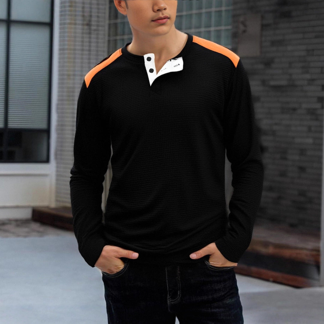 Herren nan strukturiertes Henley-Langarmshirt mit Stehkragen, Schulterpaspel und Waffelstruktur EB