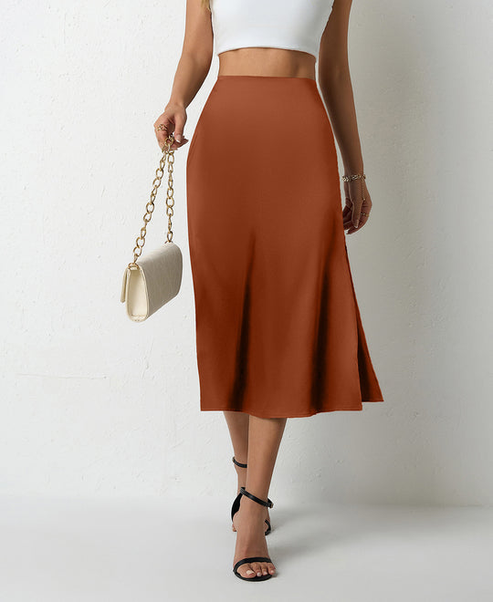 Damen eleganter Satin-Midirock mit fließendem Schnitt und hohem Bund EB