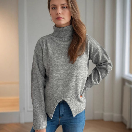 Damen modischer Rollkragenpullover mit Knopfdetails und asymmetrischem Saum EB