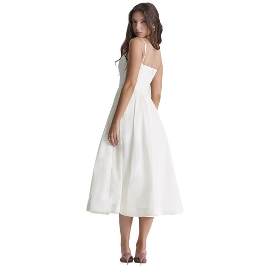 Damen elegantes Midikleid mit Spaghetti-Trägern und fließendem Rock EB