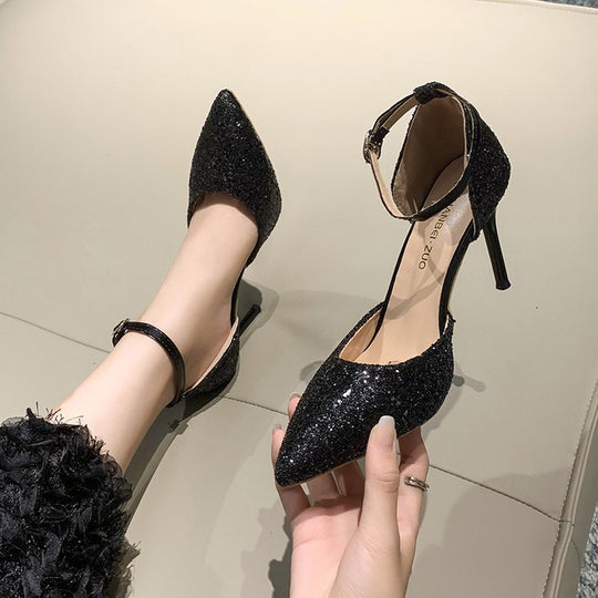 Damen elegante Spitzen High Heels mit transparentem Riemen EB