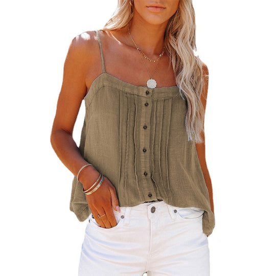Damen luftiges Spaghettiträger-Oberteil mit kariertem Design und Knopfdetails EB