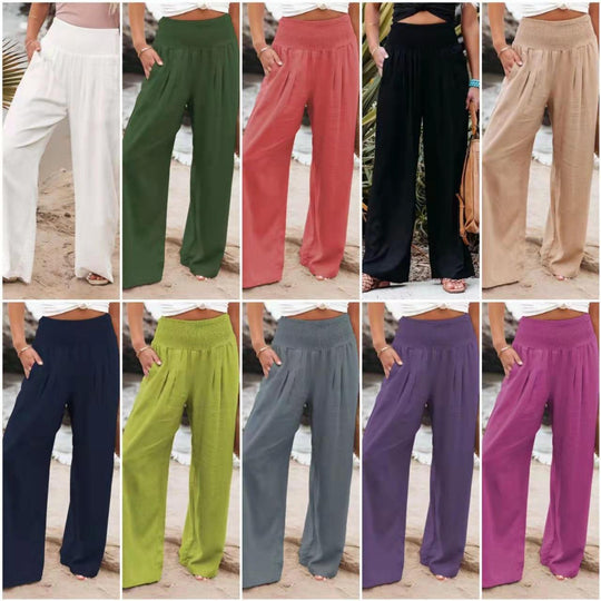 Damen weite Leinenhose mit elastischem Taillenbund und seitlichen Falten EB